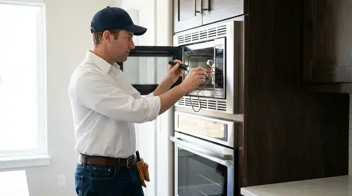 Appliance technician repairing a built-in wall microwave